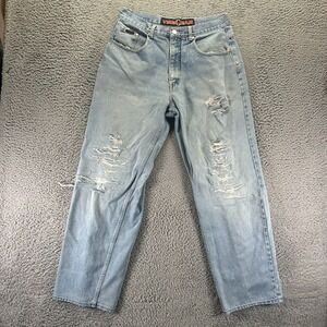 Vibes Jeans Men 34x34 Blue Cotton Denim Straight Baggy Distressed Faded Workwear